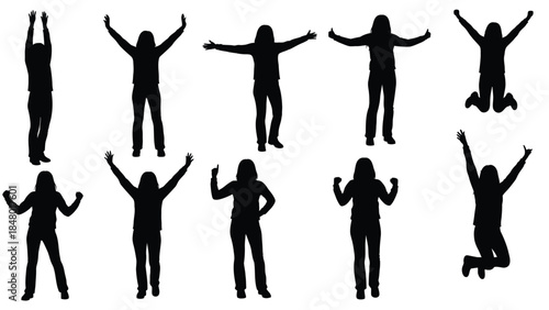 Collection of ten female silhouettes showing various poses of celebration and excitement