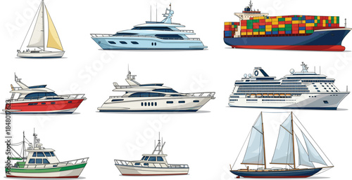 Marine Vessel Illustration Set Featuring Sailboats, Yachts, Cruise Ships, Cargo Vessels, and Fishing Boats for Nautical, Shipping, and Sea Transport Design