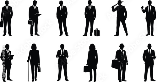 Collection of business people silhouettes in various poses on transparent background
