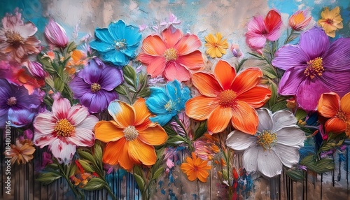vibrant flowers painted on textured wall artistic floral painting adorns a rustic wall