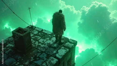 Illustration of standing human figure scene with green cloud fragments