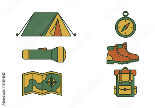 Camping and hiking equipment icons tent compass boots map backpack and flashlight