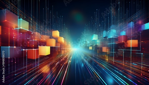 abstract data flow visualization with colorful cubes and lines representing digital information transfer and connectivity
