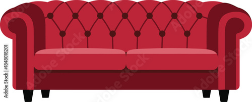 Red Tufted Chesterfield Sofa Vector Illustration, Two-Seater Loveseat Furniture, Classic Couch Icon, Isolated Graphic Element, Living Room Design, EPS Symbol