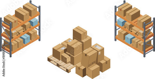 Isometric warehouse storage illustration showing shelves with cardboard boxes pallets, logistics inventory management, supply chain, distribution, shipping operations concept