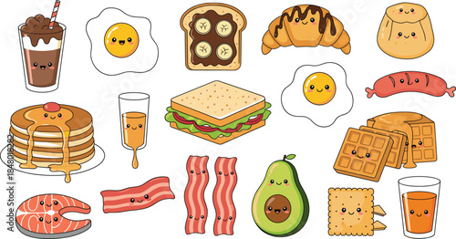 Comprehensive vector set of cute kawaii breakfast food characters including pancakes, eggs, bacon, avocado, toast, and coffee with cheerful faces for playful culinary designs.