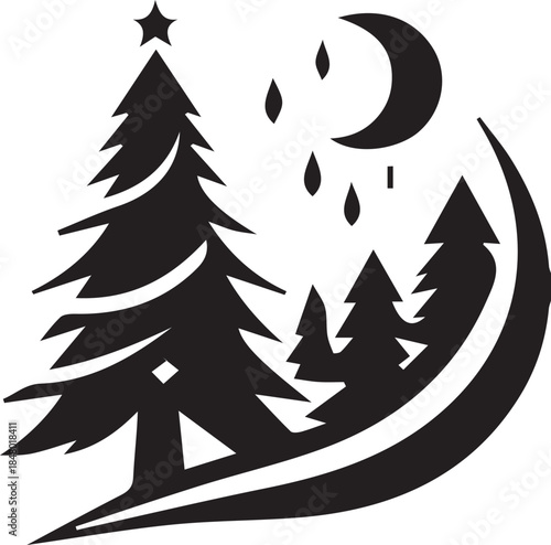 Stylized christmas tree and crescent moon silhouette