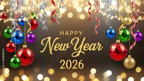 Happy New Year 2026 with Christmas Ornaments and Golden Ribbons - Festive Holiday Celebration Background with Sparkling Lights