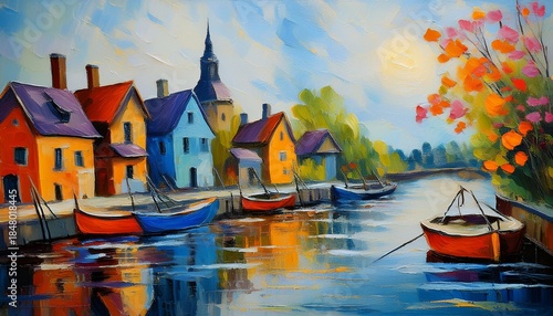 river houses painting oil painting shows houses lining riverbank river houses painting