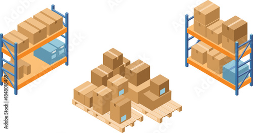 Isometric warehouse storage illustration showing shelves with cardboard boxes pallets, logistics inventory management, supply chain, distribution, shipping operations concept