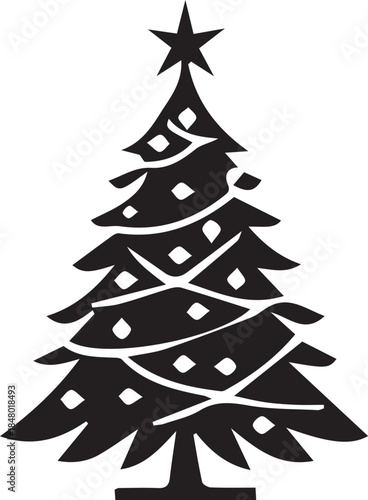 Elegant Black Christmas Tree Silhouette with Decorative Ornaments and Star for Winter Holiday Branding
