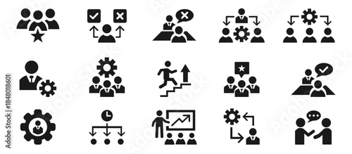  set of black and white Manager editable icon containing  leadership, supervision, hiring, coaching, management, development etc. solid vector icon illustration