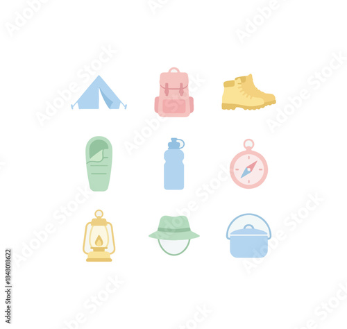 Camping equipment set icons isolated on black background