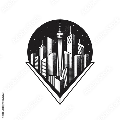 Geometric black and white city skyline vector illustration with skyscrapers and a starry night circle background, enclosed in a triangular frame logo design isolated on white.

