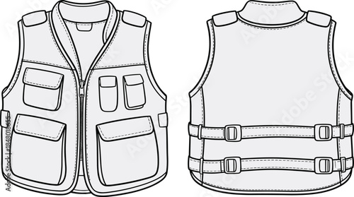 Utility vest technical drawing, front and back view, fashion design, garment sketch, vector template, detailed pockets, zipper closure