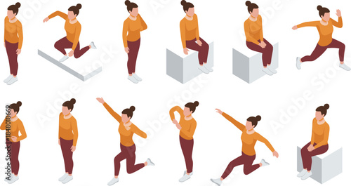Isometric woman character poses set showing walking sitting jumping gestures, daily activities, female animation frames, modern lifestyle illustration collection