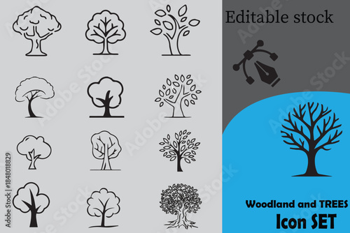 A diverse collection of tree icons and silhouettes for nature and forest-related designs