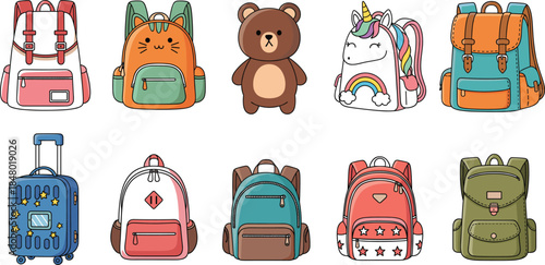 Charming vector set of ten colorful backpacks and travel bags featuring cute kawaii animal designs, unicorns, stars, and classic school styles for children and students.