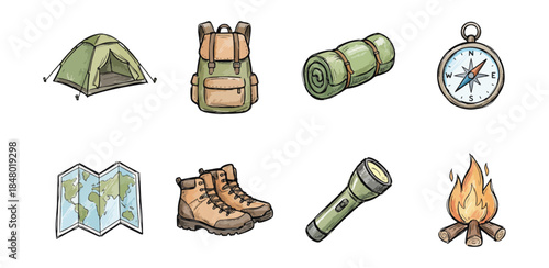 Camping equipment set illustration on black background