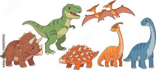 Cute Cartoon Dinosaur Illustration Set Featuring T Rex, Triceratops, Stegosaurus, Pterodactyl, and Friendly Prehistoric Animals for Kids Education and Fun Design