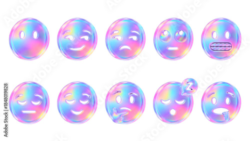 3D iridescent holographic glass Neutral face, slightly smiling face, frowning face, expressionless face, confused face, relieved  face emoji icon set with transparent PNG background 16:9 illustration 