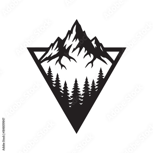 Geometric mountain range and pine forest silhouette in an inverted triangle shape, minimalist black nature vector illustration or logo design isolated on white background.
