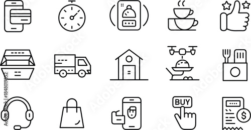 Food delivery and online shopping line icon set, mobile payment, drone shipping, customer support, fast logistics, vector illustration symbols.