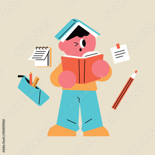 Focused Student Reading a Book Surrounded by School Supplies