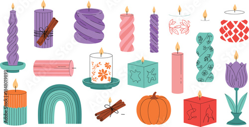 Vector illustration set featuring a diverse collection of decorative stylized candles in various shapes, colors, and patterns including twisted pillars, floral designs, and festive seasonal themes.