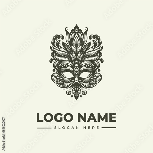 A logo design featuring an ornate masquerade mask with floral patterns and the placeholder text 'LOGO NAME' and 'SLOGAN HERE' on a cream background, illustration, vector.