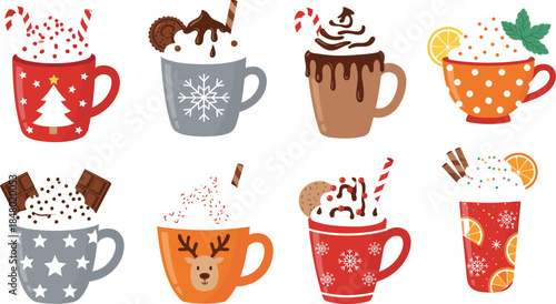Vector illustration set of eight festive winter mugs filled with hot chocolate and cocoa, topped with whipped cream, candy canes, cookies, and seasonal decorations.