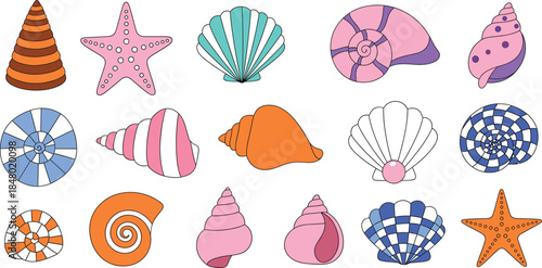 Vibrant vector collection of fifteen stylized seashells and starfish featuring diverse shapes and patterns in soft pastel colors, perfect for summer, beach, and marine-themed designs.