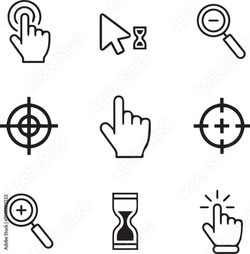 Collection of diverse user interface icons: cursors, pointers, zoom tools, and targets