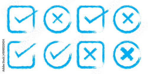 Print Check tick mark icon set. Cross box x check mark checkbox v list vector draw hand drawn sketch doodle brush marker checklist symbol wrong right circle. Green checkmark marker icon. brush marker