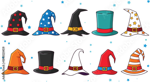 Vector illustration set featuring ten colorful and magical hats, including pointed wizard hats with stars and stripes and classic top hats, perfect for fantasy and Halloween themes.