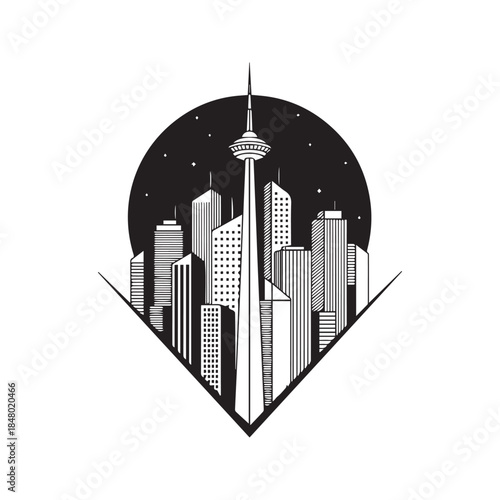 Geometric black and white city skyline vector illustration with skyscrapers and a starry night circle background, enclosed in a triangular frame logo design isolated on white.
