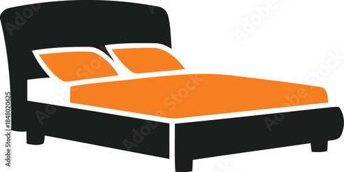 Modern bed with orange bedding and black frame