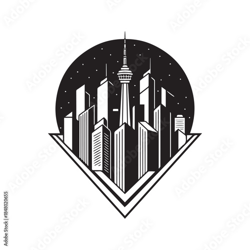Geometric black and white city skyline vector illustration with skyscrapers and a starry night circle background, enclosed in a triangular frame logo design isolated on white.
