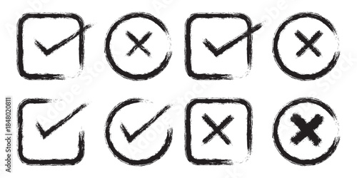 Print Check tick mark icon set. Cross box x check mark checkbox v list vector draw hand drawn sketch doodle brush marker checklist symbol wrong right circle. Green checkmark marker icon. brush marker