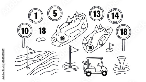 Golf course illustration cart flags greens and course elements