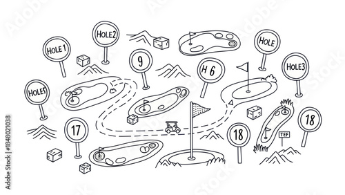 Golf course illustration black and white doodle of holes flags and greens