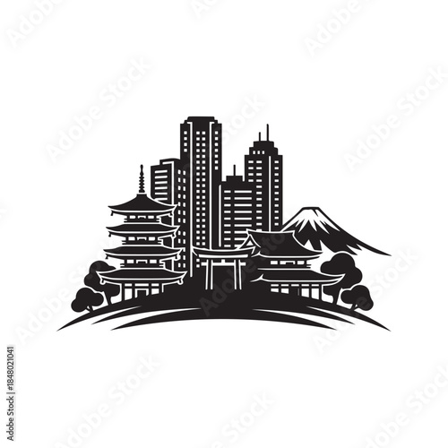 Asian city skyline silhouette vector illustration featuring traditional pagodas, temples, and modern skyscrapers isolated on white background.
