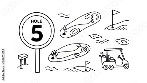 Golf course illustration hole sign cart flags and green layout designs