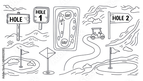 Golf course illustration hole signs cart flags and green layout
