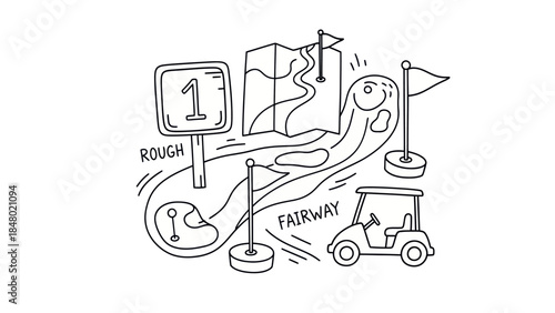 Golf course illustration map flags cart fairway rough number one sign