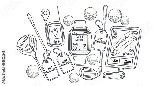 Golf equipment and gadgets in line art style for sports and recreation