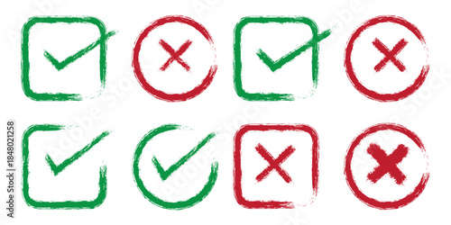 Print Check tick mark icon set. Cross box x check mark checkbox v list vector draw hand drawn sketch doodle brush marker checklist symbol wrong right circle. Green checkmark marker icon. brush marker