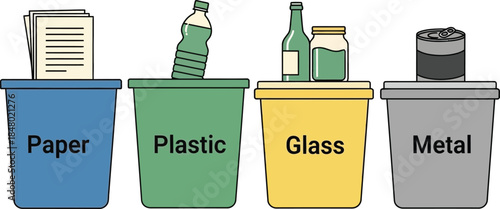 Four recycling bins for paper plastic glass and metal on transparent background