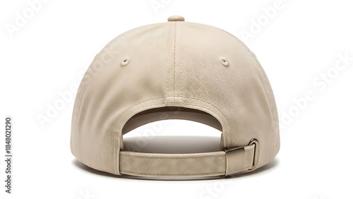 Rear view of a blank beige baseball cap with adjustable buckle strap isolated on white background.

