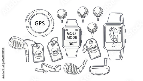 Golf equipment and smart watches with gps and shot tracking features vector illustration